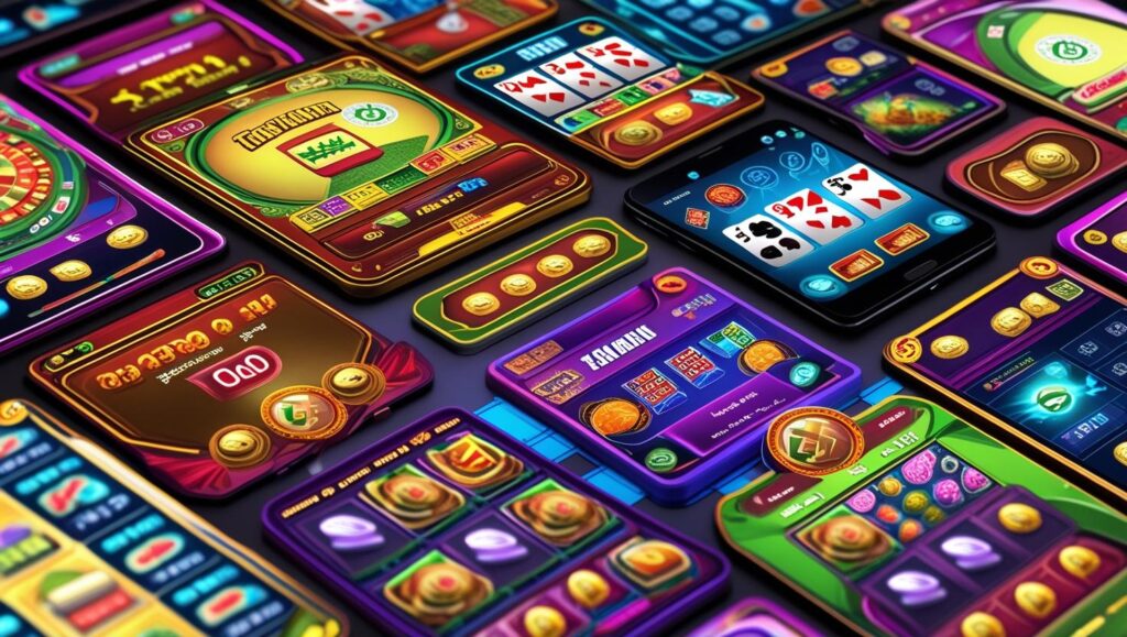 Collection of Luck 22 APK games including Teen Patti, Rummy, slot machines, and fishing games
