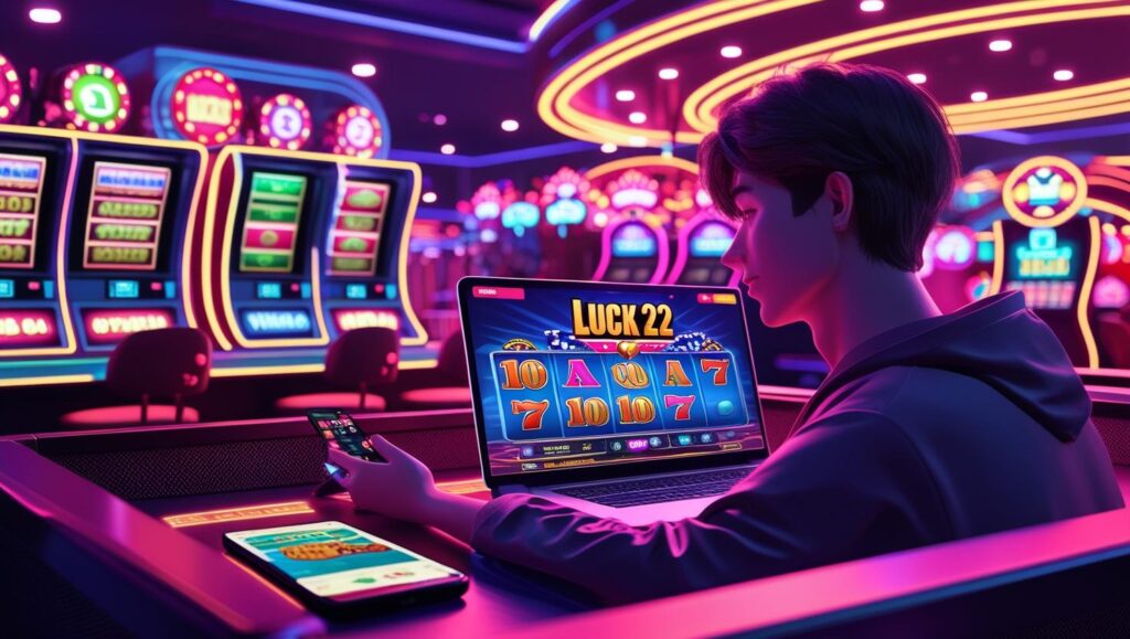 luck 22 game review showing gameplay on mobile and laptop.