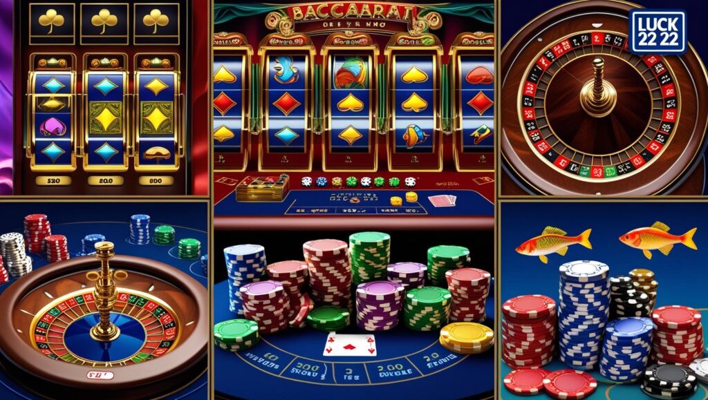 Different casino games available on Luck 22 including slots, baccarat, poker, and arcade fishing.