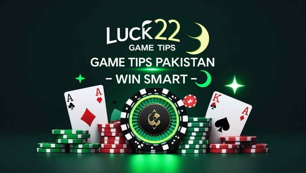 Luck 22 Game Tips Pakistan – Banner showing smart gaming strategies with casino elements and Pakistani theme.