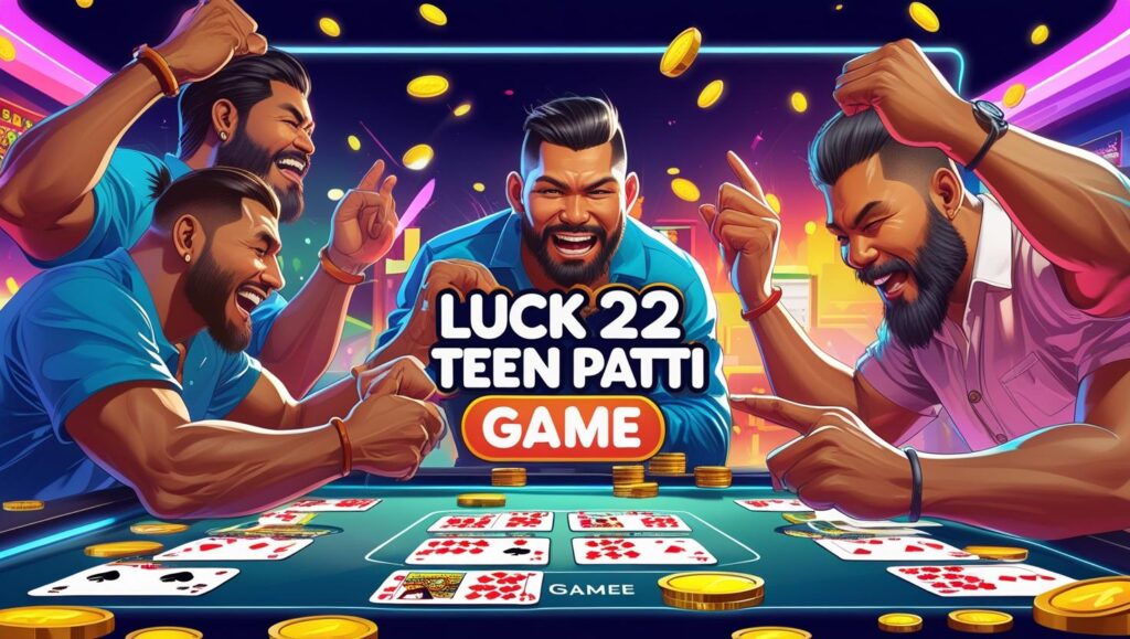 People playing Luck 22 Teen Patti Game online on mobile and PC, with glowing coins, realistic cards, and a festive, colorful digital gaming interface