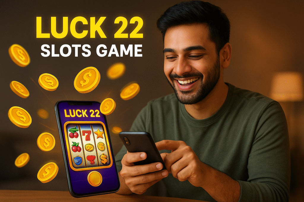 Young Pakistani man enjoying the Luck 22 Slots Game on mobile with colorful slot reels and golden coins bursting from the screen.