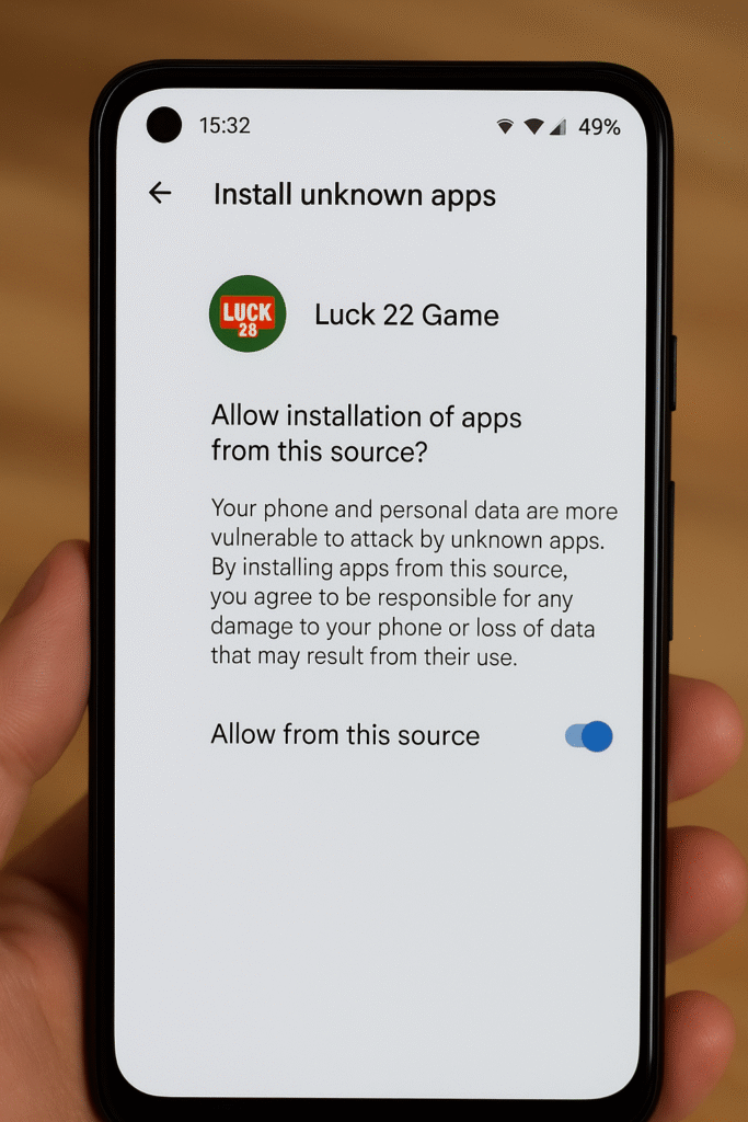 Enabling Install Unknown Apps setting on Android for Luck 22 Game APK installation.