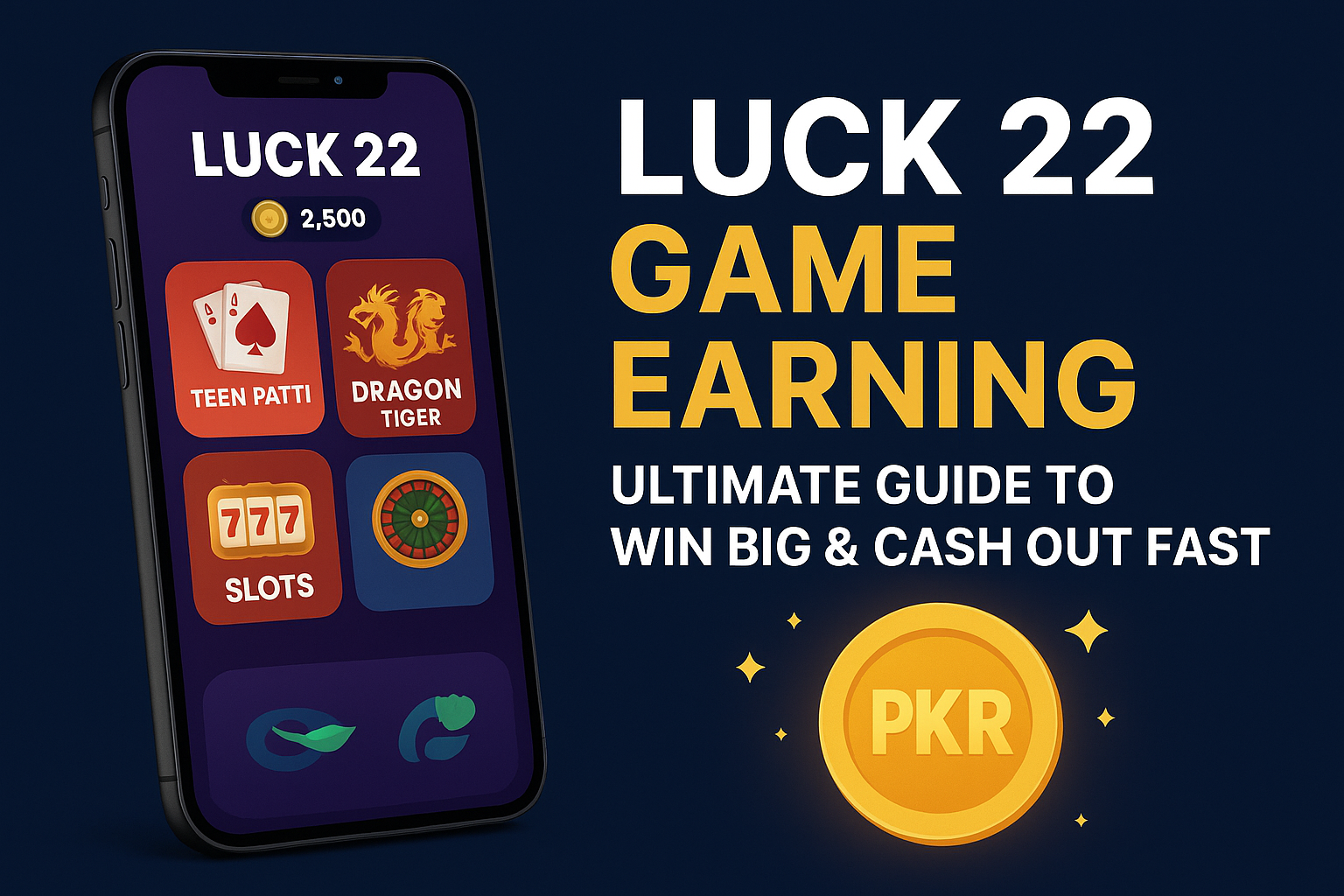 Luck 22 Game Earning app interface on smartphone showing Teen Patti, Dragon Tiger, Slots with PKR coin icon