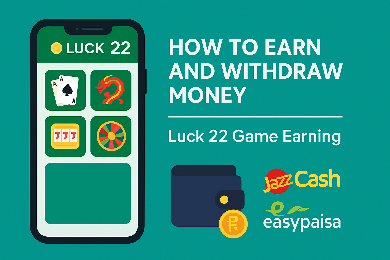 Luck 22 Game Earning wallet showing withdrawal options via JazzCash and EasyPaisa in Pakistani Rupees.