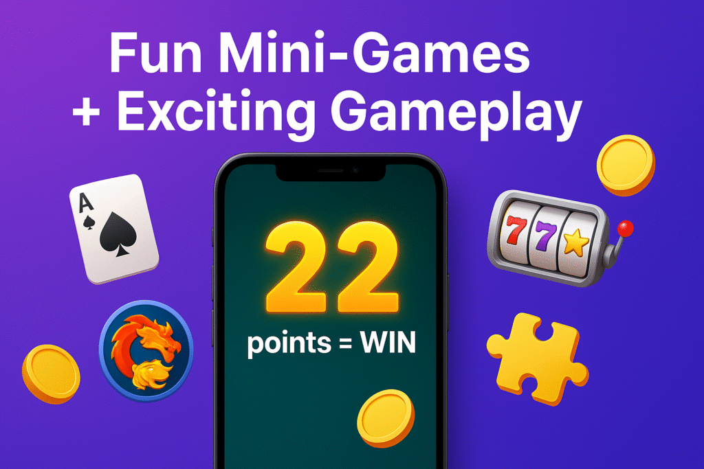 Luck 22 Game Play Store gameplay screen with mini-games like Teen Patti, Dragon vs Tiger, and Slot Machine