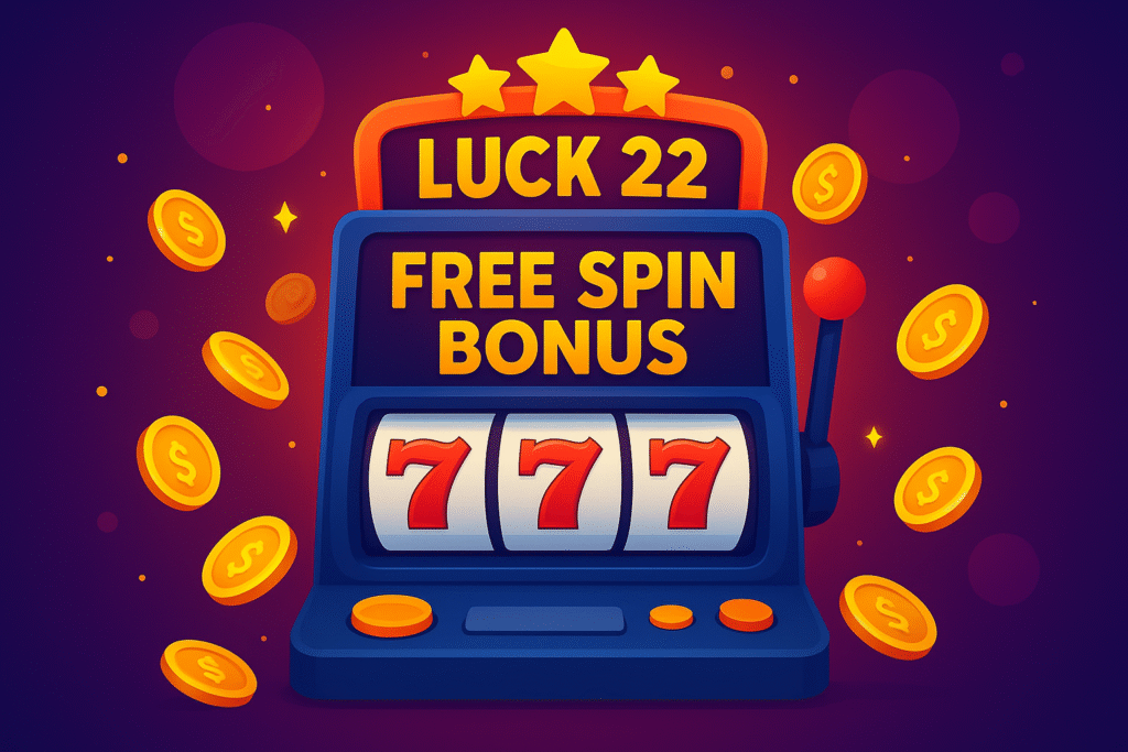 Illustration of a slot machine highlighting Luck 22 Free Spin Bonus with 22 free spins glowing on screen.