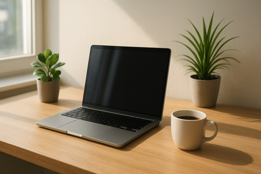 Modern workspace with laptop, coffee cup, and plants on desk