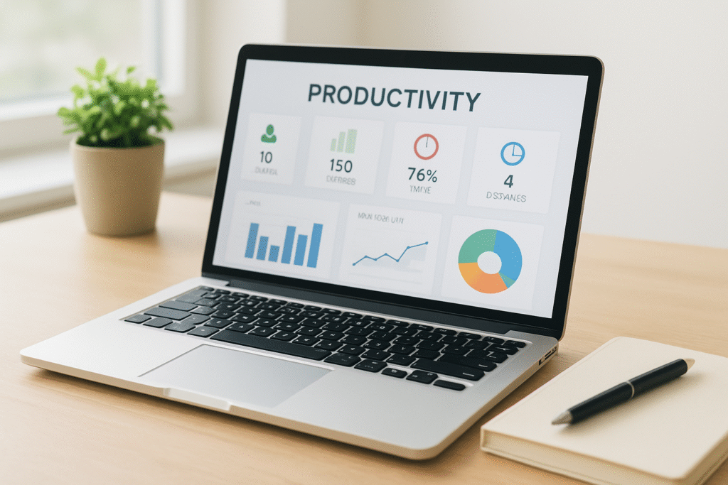 Modern workspace with laptop showing productivity dashboard inspired by Luck 22 Mobile Game
