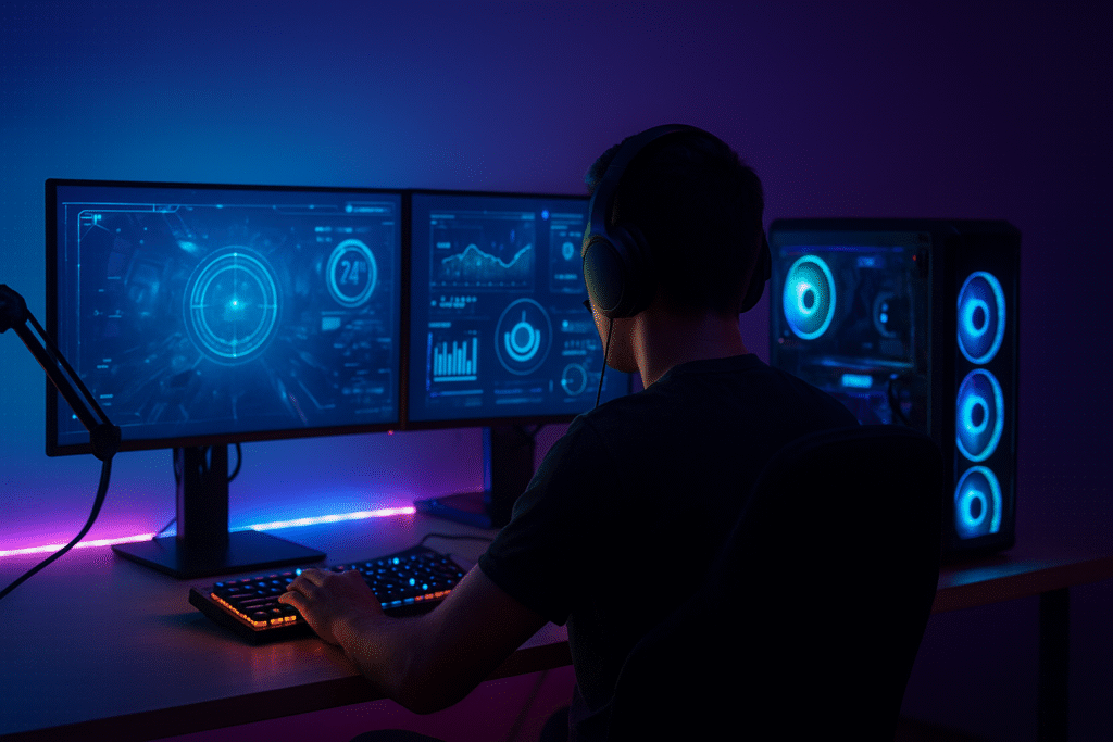 Gamer using Luck22Gaming Tools on a high-performance setup with futuristic overlays.