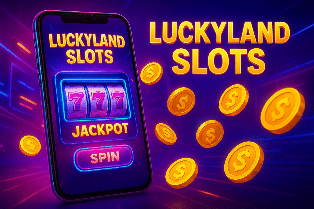 LuckyLand Slots mobile app with jackpot reels and gold coins