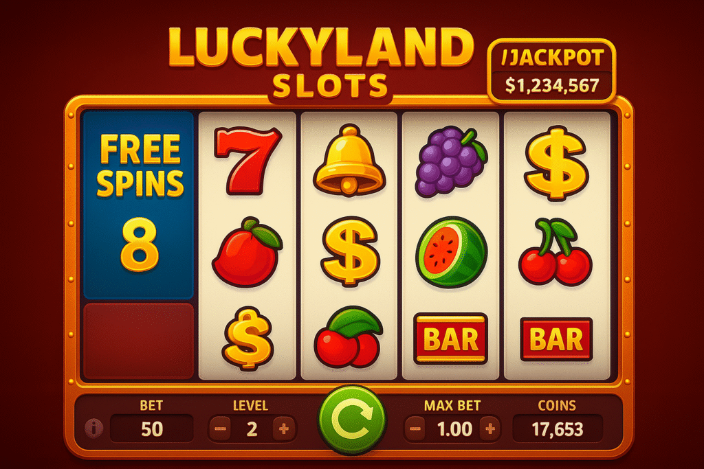 LuckyLand Slots gameplay with bonus spins and jackpots