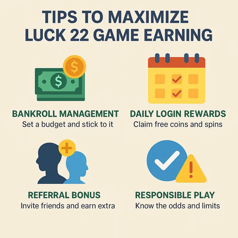 Tips to maximize Luck 22 Game Earning – bankroll management, daily login rewards, referral bonus and responsible play infographic