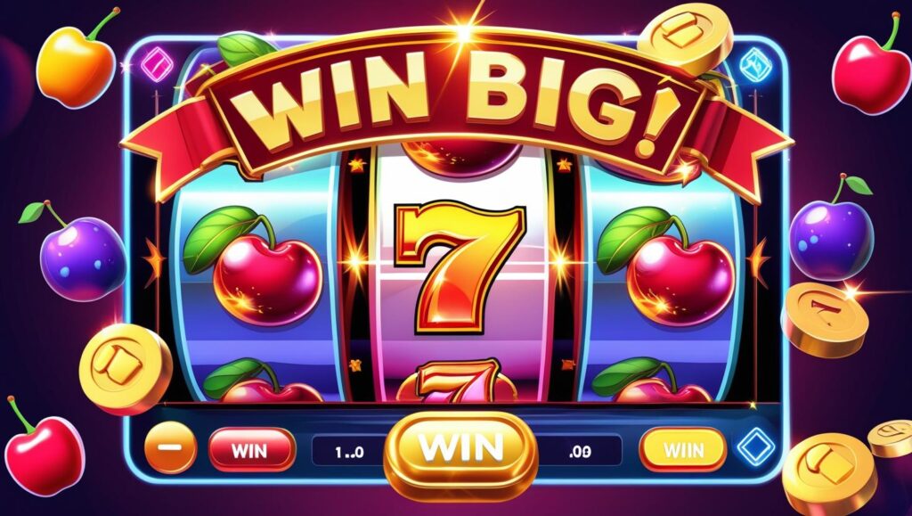 Vibrant Luck 22 Slots Game interface with colorful reels, fruit symbols, 7s, jackpot icons, and a flashing WIN BIG banner"