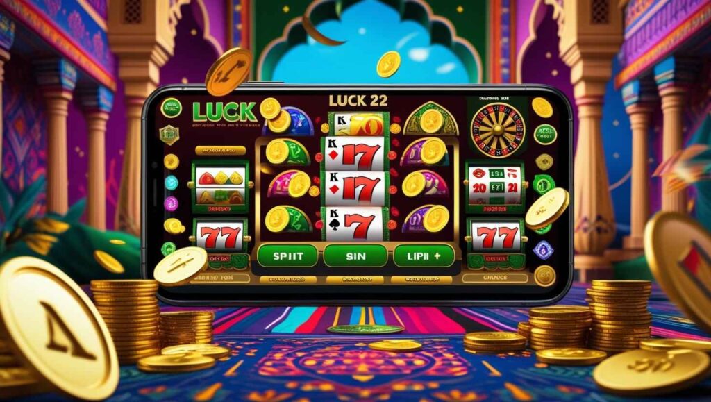 Luck 22 Game features showing slot machines, Teen Patti, and roulette on mobile.