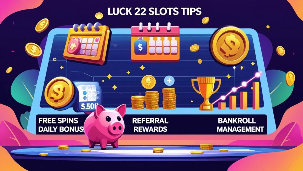 Infographic of Luck 22 Slots tips with icons for free spins, daily bonuses, referral rewards, tournaments, and bankroll management"