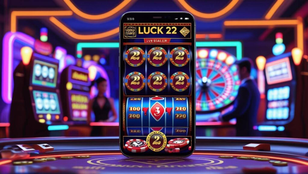 Luck 22 Game interface on mobile showing slots, roulette, and live dealer.